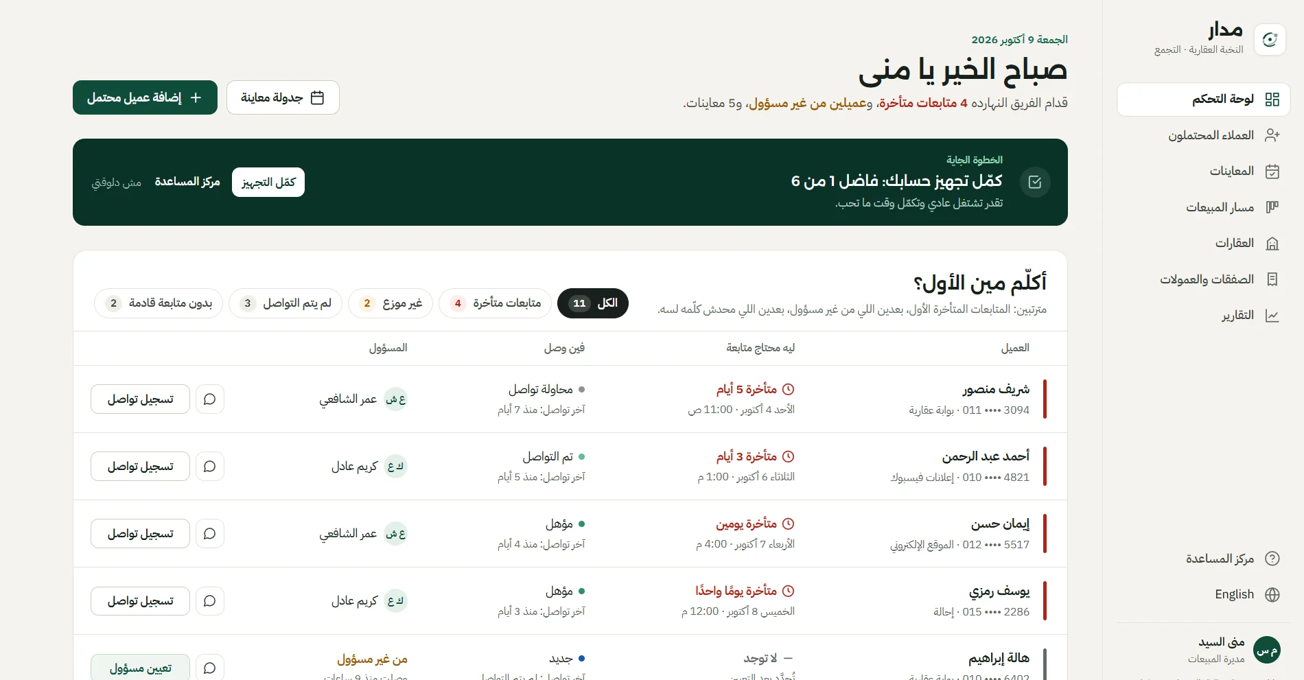 لوحة التحكم: من نكلّم أولًا، والمتابعات المتأخرة في الأعلى. البيانات تجريبية.